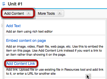 Click Add Content, then Add Content Link.