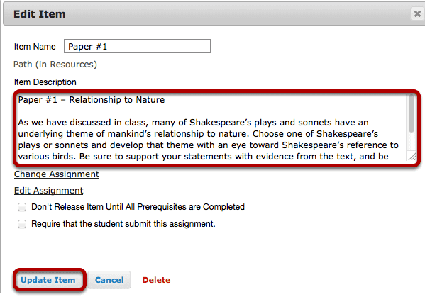 Add a description for the assignment, then click Update Item.