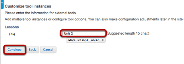 Name the new Lessons page, then click Continue