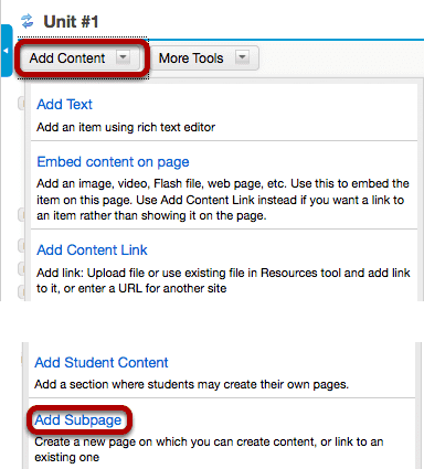 Click Add Content, then Add Subpage.
