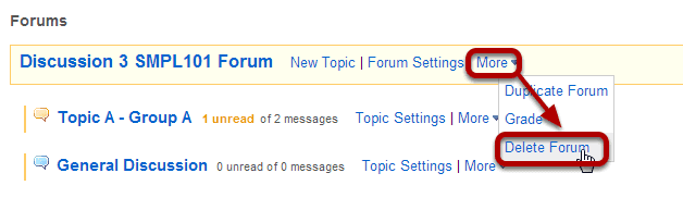 Select Delete Forum from the drop-down menu.