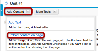 Click Add Content, then Embed Content on a Page.