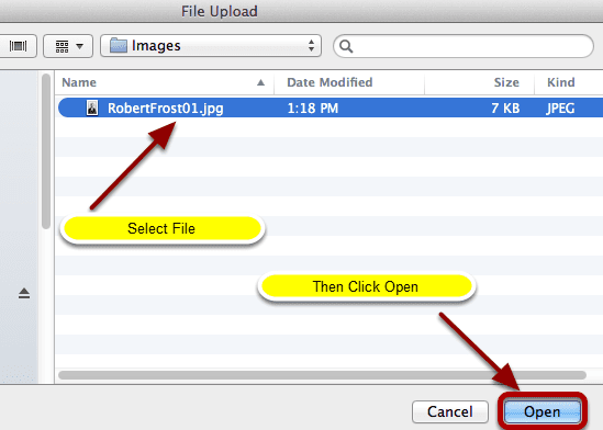 Locate and select the image file on your computer, then click Open