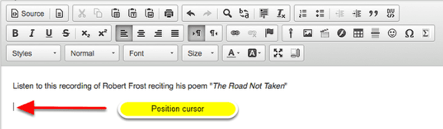 In the text box, position your cursor where you want to embed the mp3 audio file.